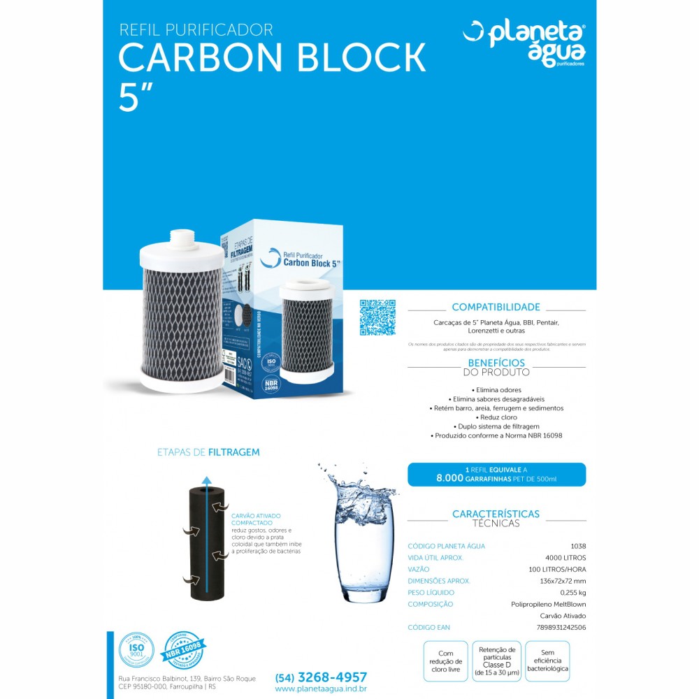 Refil Carbon Block 5” para Fit5" Planeta Água, Pentair, Lorenzetti